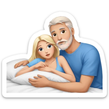 Cuddling Man with hazel eyes and gray beard kissing sexy  blonde blue-eyed  woman in bed sticker