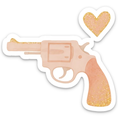 Add sparkling glitter details to the watercolor pink heart pistol, keeping the soft edges and gentle color blending, with no background. sticker