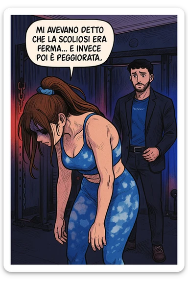 fai questa immagine in versione fumetto/manga/webtoon a colori, il manga mostra la donna disperata con un fumetto sulla testa che dice:
Mi avevano detto che la scoliosi era ferma… e invece poi è peggiorata.
 sticker
