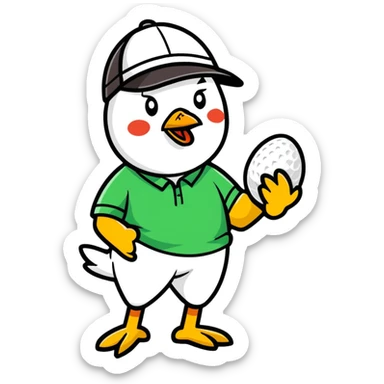A Man wearing a golf hat holding a chicken sticker