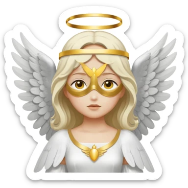 angel with gray skin, blindfolds without eyes, with two white large wings, with a white and golden dress, with a golden halo sticker