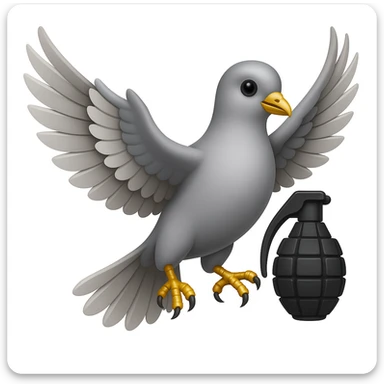 a flying dove holding a grenade in its paws, inspired by the Hollywood Undead logo, in the style of Apple emoji sticker