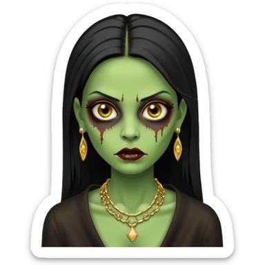 Faça uma zombie mulher bonita verde com olhos castanhos cabelos pretos partido ao meio liso, com estilo y2k e ouro sticker