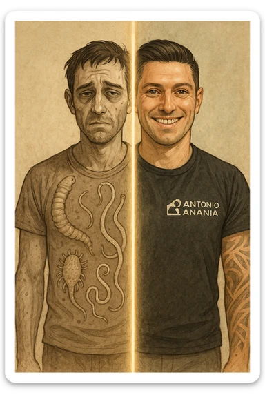 a man is depicted in two halves—on one side, he appears tired and weighed down, with faint, ghostly images of parasites visible inside his torso; on the other side, he is vibrant and healthy, with clear skin and bright eyes, the parasites gone. A visual transition or glowing line separates the two states, symbolizing recovery. sticker