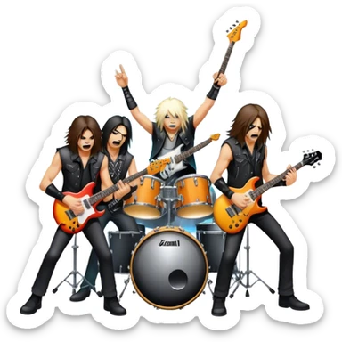 Icon for Heavy Metal Music: 4 men band on stage with electric guitars, drums and intense lighting. 4 Musicians headbanging, surrounded by energy and stage effects, capturing the power and intensity of a metal concert. Transparent background. sticker