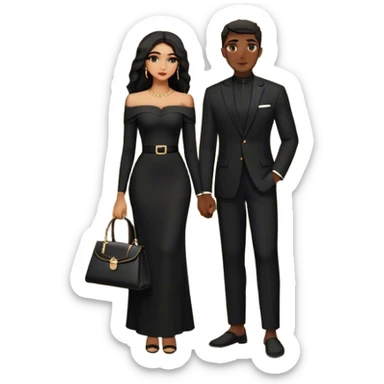 the man dressed in all black, and the woman in an elegant off-shoulder cream-colored outfit with a matching handbag. The background features a textured stone wall, an iron window, and lush greenery, adding a timeless, vintage charm to the scene. Arabic couple  sticker