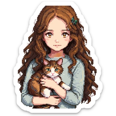 a girl with long wavy brown hair and brown eyes holding a cat, pixel art style sticker