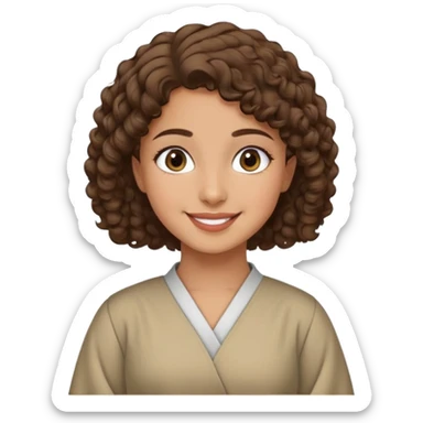 Palestinian girl emoji style, smiling, short curly brown hair, wearing a thobe dress, minimal background sticker