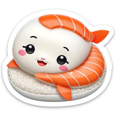 Cute Kawaii Nigiri Sushi, plump and happy, a soft white rice pillow topped with bright orange salmon, tiny blushing cheeks, big round eyes, a joyful floating expression! sticker