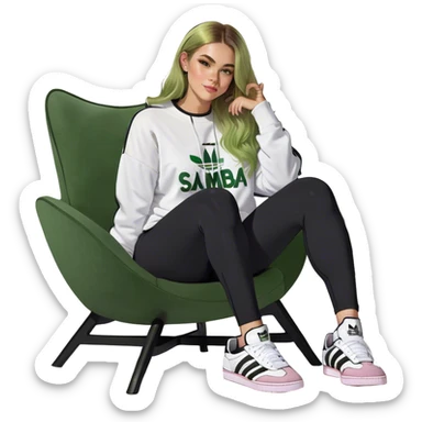 Girl long bright blonde highlighted hair middle part with rosy cheeks and plump mauve lips green eyes and wearing a white sweatshirt and black leggings with black and white adidas OG Samba sneakers sitting in a cozy chair posing with legs over the side of chair  sticker