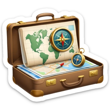 An icon featuring a suitcase, hotel building, symbolizing the scientific study of tourism and hospitality. The design includes a map, a compass, and a checklist, representing travel planning and service management. Transparent background highlights the academic exploration of the tourism industry. sticker