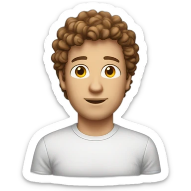 white man with short brown curly hair wearing dorky tshirt sticker