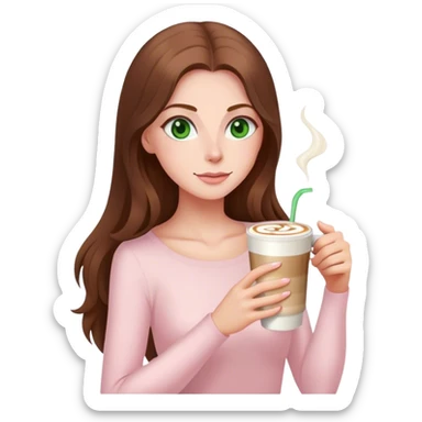 pretty woman with very long brown hair and green eyes and light pink outfit drinking a latte sticker