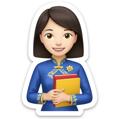 Teacher emoji but : european volume dark brown hair, light skin, no glasses, dark eyes, with a computer folder in the hand (color is yellow), being a teacher, wearing a chinese qipao ( dark blue), smile with teeth





 sticker