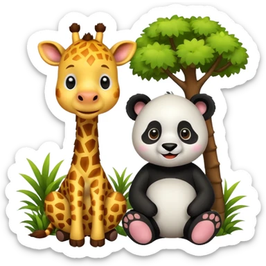 giraffe and panda sitting in a village sticker
