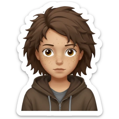 Hobo tomboy with light skin, freckles, dark brown shoulder-length hair in a messy style. Brown eyes, dark brown hoodie, brown shirt. sticker