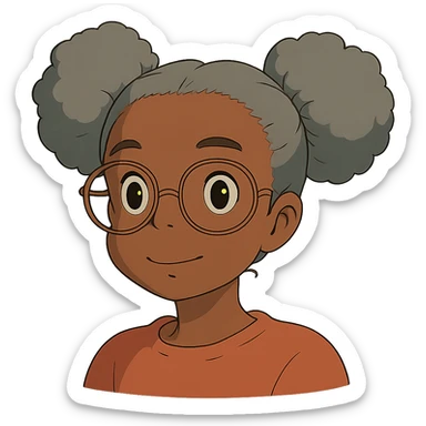 african american girl head with oversize glasses and gray hair in bunches, ghibli style sticker