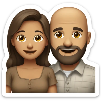 Brown-haired Puerto Rican woman with dark brown eyes wearing a cute blouse giving comforting hug to short, bald man with brown eyes, laugh lines, and a beard sticker