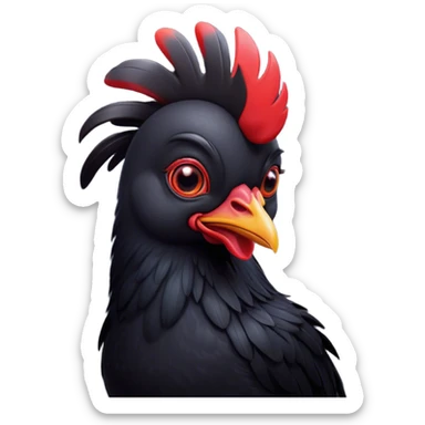 Cinematic Cute Black Chicken Portrait Emoji, Head tilted playfully and inquisitively, featuring sleek, lustrous black feathers and a vibrant red comb, round, sparkling beady eyes filled with curiosity, Simplified yet irresistibly adorable features, highly detailed, glowing with a warm, friendly glow, high shine, affectionate and lively, stylized with a touch of whimsical charm, bright and endearing, soft glowing outline, capturing the essence of a mischievous yet loving chicken, so playful it feels like it could peck out of the screen and into your arms! sticker