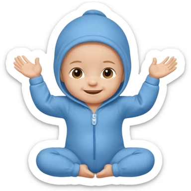 A smiling newborn baby wearing a blue onesie, moving its arms and hands. sticker