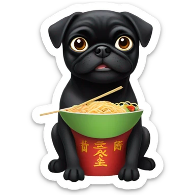 Black pug eating Chinese food sticker
