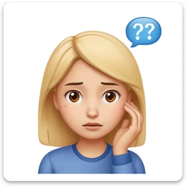 female student emoji, looking puzzled, holding her head with one hand, thinking hard about a difficult math problem, expressive face sticker