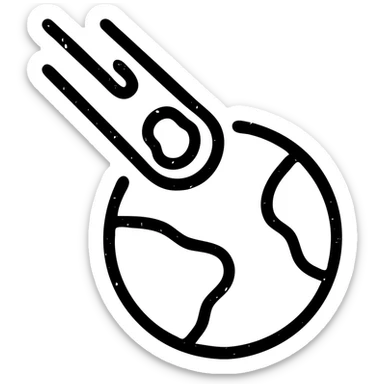 minimalist outlined icon of a meteor hitting a planet, worn distressed effect sticker