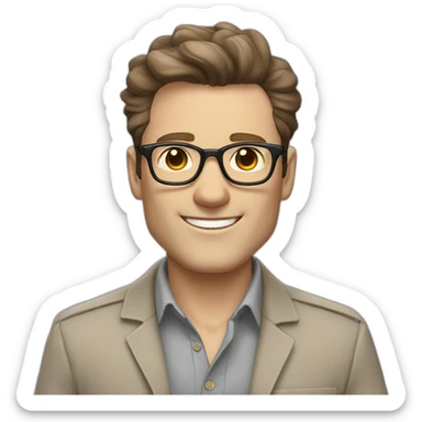 Joyful Pale skinned Fit Man With dark brown hair in gray jacket, beige office shirt, Brown pants and vintage glasses. His thrumbs up sticker