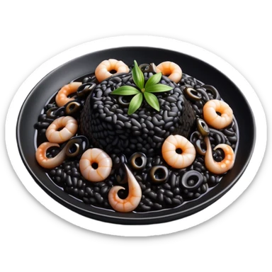 cinematic-realistic-black-risotto-dish-emoji,-showcasing-small squid pieces in black sauce -rendered-with-bold-textures-and-dynamic,-dramatic-lighting. sticker