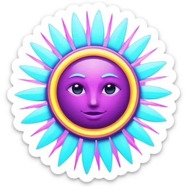 Futuristic glowing sun emoji, neon rays, bright holographic purple and cyan glow, dark background, digital tech style sticker