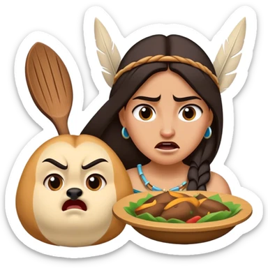 Cinematic Funny Pocahontas Portrait Emoji, Looking bewildered as Meeko steals her food, one brow raised in playful frustration, a warrior princess caught in a hilariously relatable moment, wild yet endearing! sticker