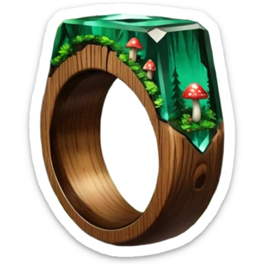 dark wood ring with epoxy resin in forest green pines and mushrooms crystal sticker