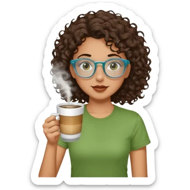 White girl with dark brown curly hair, brown eyes, sky blue glasses, nose ring, green t shirt, drinking coffee from a glass cup sticker