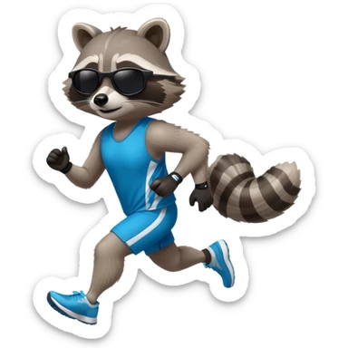 friendly anthropomorphised raccoon in sports wear, wearing dark sunglasses, jogging upright in relaxed pose sticker