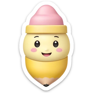 Cute Kawaii Fat Pencil, round and chunky, soft pastel yellow with a cute eraser cap, tiny winking face, glowing highlights, cheerful and ready for doodles! sticker