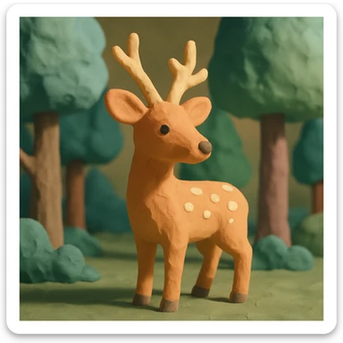 deer standing in a forest, pastel colors, visible fingerprints, playful and textured, claymation style sticker