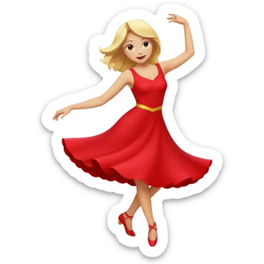 a yellow-blonde woman dancing wearing a red dress, in flat emoji / Apple style, smooth shapes, glossy highlights, bright saturated colors, simple features, minimal details, no outlines, red clothes flowing, joyful pose
 sticker
