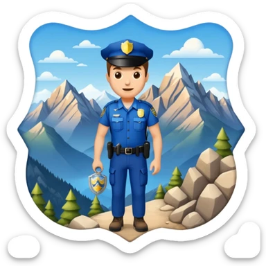 Adventurous man hiking with a police badge with mountains in the background sticker