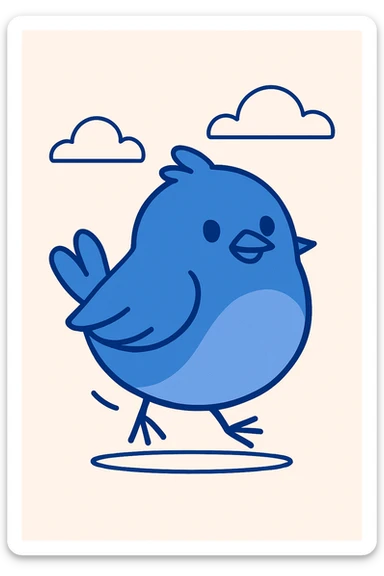 bouncy blue cute bird, playful and round, cartoon style sticker