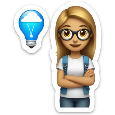 a tech girl with drawing tools, light bulb, cloud, blue heart sticker