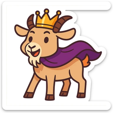 cartoon goat with a shiny gold crown and flowing purple cape, majestic and playful sticker