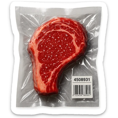juicy steak sprinkled with tiny crystals, shiny and inflated, vacuum-sealed style sticker