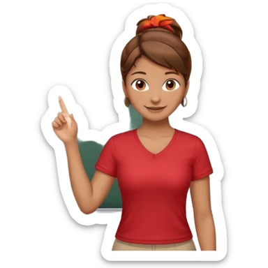 Happy instructor female brown hair whit board hair up red shirt sticker