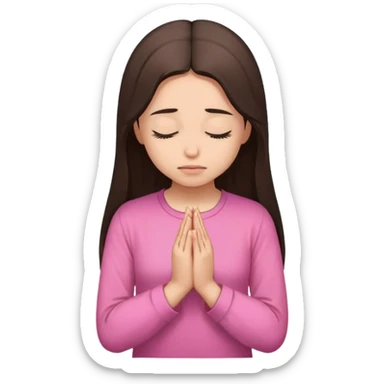 Girl long dark brown hair light medium skin pray head bowed eyes closed pink shirt sticker