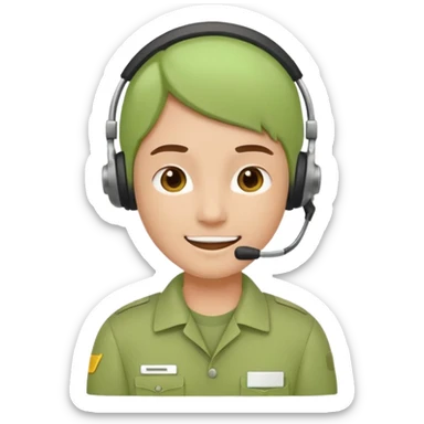 A modern flat emoji depicting a call center employee wearing a light green uniform and headset, with a friendly expression, a minimalist design, bright colors, and a white or transparent background. sticker