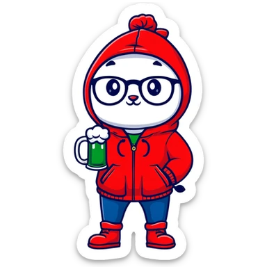 Catfish wearing a red hooded winter jacket, round glasses, blue jeans, red boots, holding a beer can with red label sticker