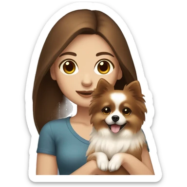 Straight brown hair girl with brown eyes with white skin holding a pomeranian sticker
