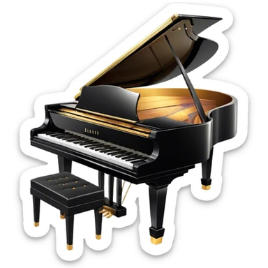 Cinematic Realistic Piano, glossy black grand piano with elegantly curved edges, pristine white and black keys, soft golden light reflecting off its polished surface, faint reflections of a musician’s hands, glowing with refined elegance and musical depth. sticker