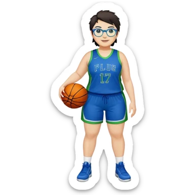 Full Body plus size white female basketball player with short dark hair with highlights spike hair wearing blue glasses  wearing blue green uniform smiling sticker