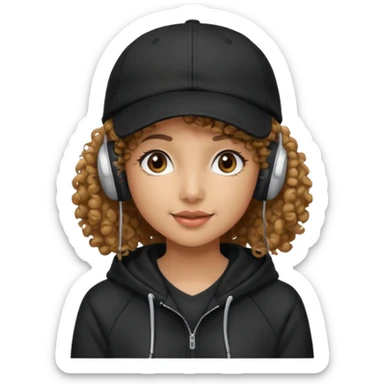 curly haired with headphones in and hoddie girls with cap sticker